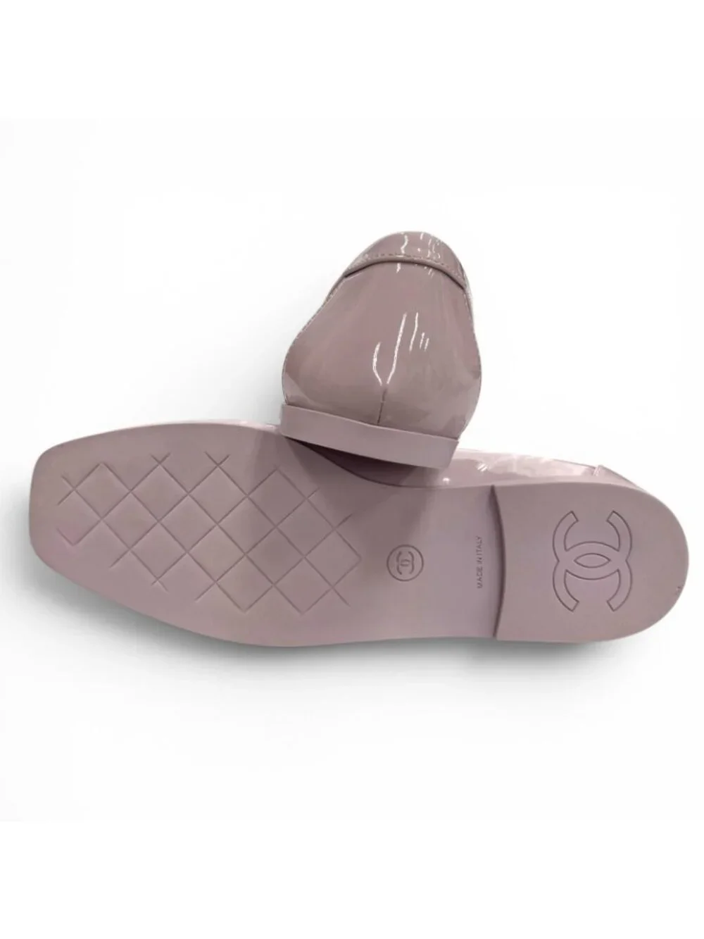 Chanel CC Logo Square Toe Patent Leather Loafers Purple